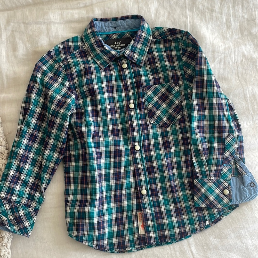 H&M blue and teal plaid button down shirt